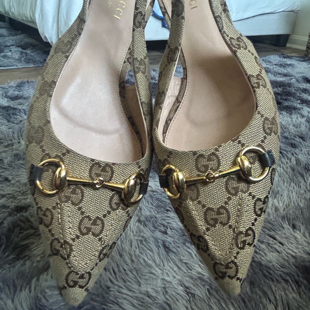 Gucci Women's Tan Monogram Heels with Gold Accents